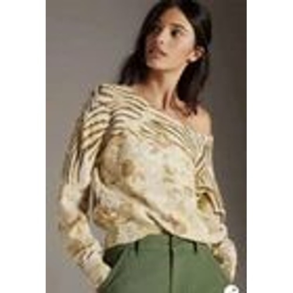 Pilcro Sweater Women Small Ivory Yellow Floral Zebra Boat Neck Pullover Layering